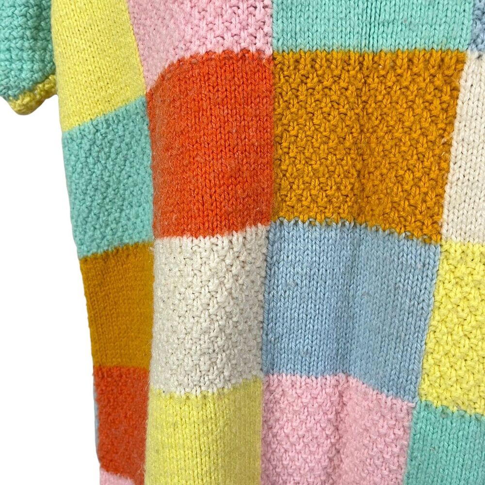 Vintage Peterpan Collar Brady Bunch Groovy Checkered Sweater 70s Patchwork M - Picture 6 of 14